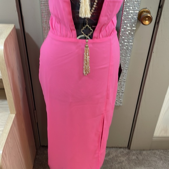 Lulu,s semi sheer halter deep V to waist ,thigh high Slit  covered buttons M - Picture 3 of 12